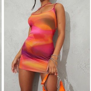 Pink Abstract Print Slinky Asymmetric Strap Detail Bodycon Dress